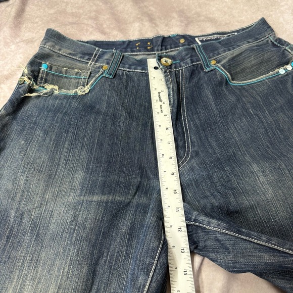 Vintage Y2K Enyce Denim Baggy Raw Hem Blue Logo Embroidered Jeans Men's Size 34‎ - Picture 5 of 10